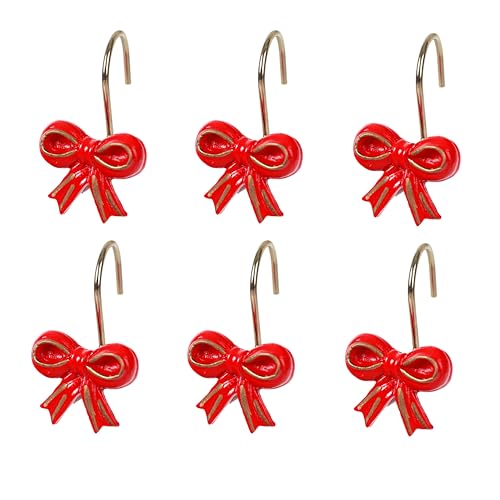Two Fish Home Fashions Set of 12 Decorative Red Bowknot Resin Shower Curtain Hooks, Red Bowknot Resin Curtain Rings Pack of 12