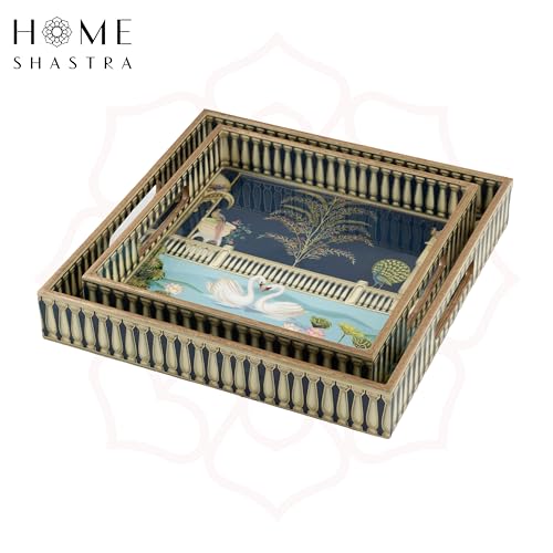 Image of Wooden Serving Tray with Gold Engraving | Set of 2 | Size : 12 x 12 inch & 10 x 10 inch | Enamel Coated Waterproof | Square Trays | Decorative Trays | (Swan Square Trays Set)