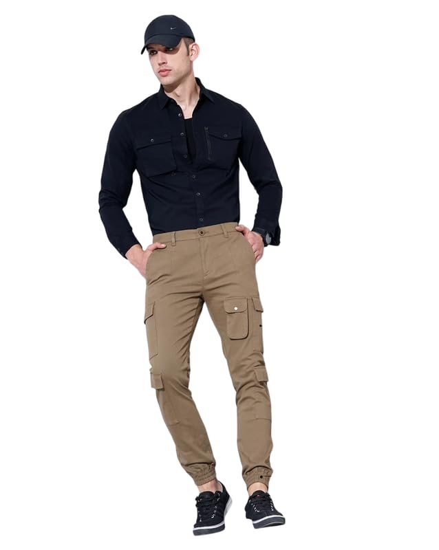 Image of British Club 98% Cotton, 2% Elastane Slim Fit Cargo Jogger Pants | Flat-Front Design | Adjustable Waistband | Multiple Pockets | Lightweight Fabric | Modern Style | Comfortable | Durable Black