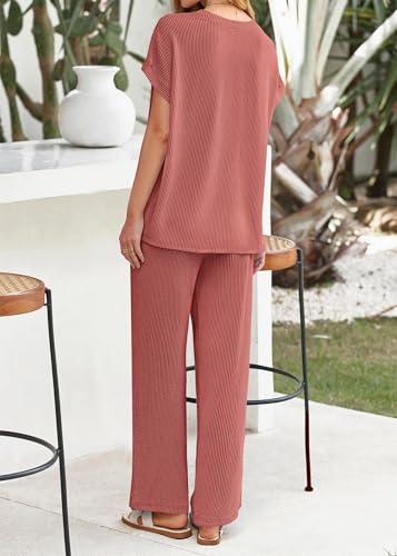 KIRUNDO Summer Sets Women 2 Piece Outfits Casual Ribbed Knit Short Sleeve Tops Wide Leg Pants Lounge Set Travel Tracksuit2