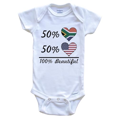 Really Awesome Shirts 50% South African 50% American 100% Beautiful South Africa Flag Heart One Piece Baby Bodysuit, 0-3 Months White