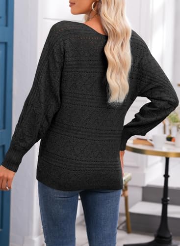 EVALESS Womens Crochet Boat Neck Long Batwing Sleeve Loose Sweaters | Oversized Sweaters for Women,Early Fall Fashion,Off the Shoulder Sweater,Cozy Cable Knit Top,Teacher Outfits,Two Ways to Wear — view 5