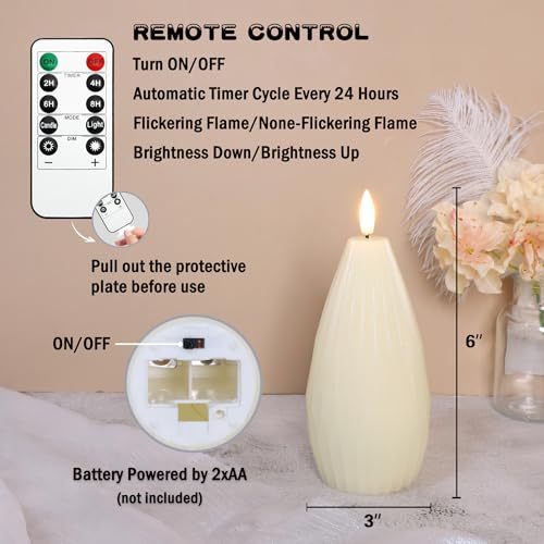 Image of Ivory White Ribbed Flameless Candles Battery Operated with Remote Geometric Aesthetic Flickering LED Real Wax Candle Vintage Home Decor for Christmas Table Fireplace Mantel, 3 Pack