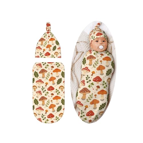 Image of Cute Mushroom Swaddle Blanket Hat Set for Boys Girls, Soft Floral Newborn Swaddle Wrap Receiving Blanket Shower Gift