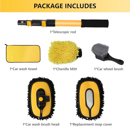 DEPOTA Car Wash Brush with Long Handle, 15°Curved Car Cleaning Brush with Replaceable Head Cover, Truck Washing Brushwith Telescopic Handle Wash Mop Kit 5PCS