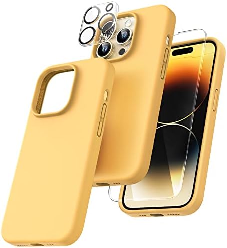 TOCOL [5 in 1 Designed for iPhone 14 Pro Case, with 2 Pack Screen Protector + 2 Pack Camera Lens Protector, Liquid Silicone Phone Case 6.1 Inch, [Anti-Scratch] [Drop Protection], Sunglow Orange