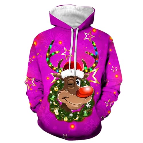 Rentier Pullover mit leuchtender Nase 19 Unisex 3D-Weihnachts-Hoodie mit zwinkerndem Rentier - Pullover mit...