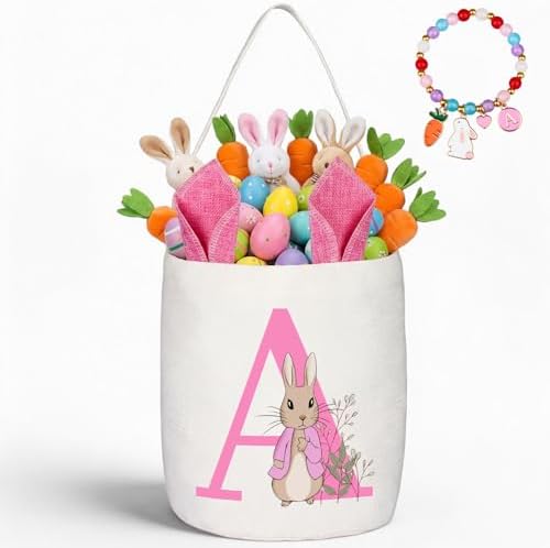 OXYEFEI Easter Baskets for Kids,Pink Personalized Easter Basket with Initial for Girl Boy Kids (A, Pink)