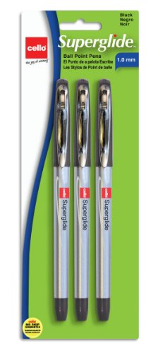 Cello Advanced Ink 1.0mm Ball Point Pens, Black, 3 Pack (Superglide 3 ct Black)
