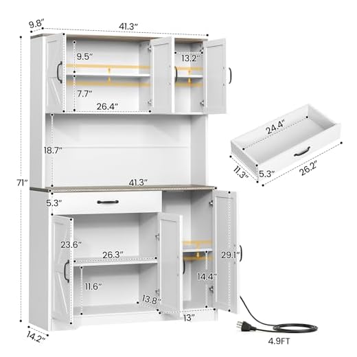 GRUSIGN 71" Kitchen Pantry Cabinet with Charging Station