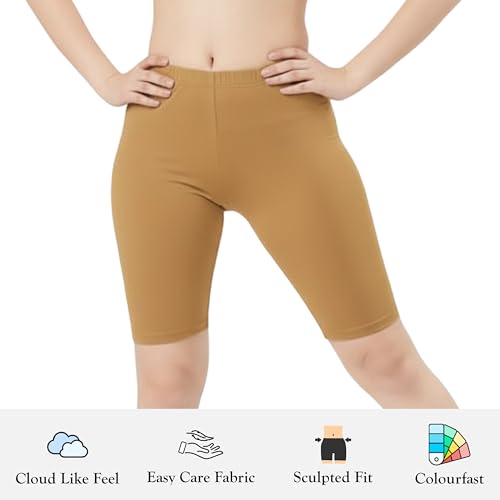 Image of Women's Cotton Lycra Cycling Shorts | 95% Cotton 5% Spandex | Stretchable Knee Length Tights for Gym, Yoga & Sports