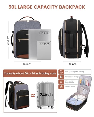 Image of LOVEVOOK 50L Travel Backpack for Women & Men, Airline Approved Carry On Luggage with 3 Packing Cubes, TSA Overnight Bags, Waterproof Personal Item Bag, Weekender Essentials Backpacks fits 17 inch Laptop