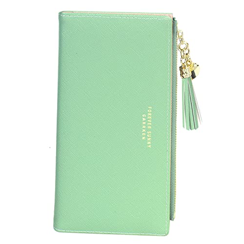 Image of SUMGOGO Wallets for Women Slim Clutch Purse Handbag Card Holder Womens Long Tassel Zipper Pocket Fashion Taiga Leather Billfold Wallet (Green)