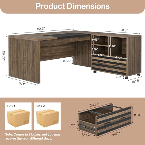 Tribesigns NY177 62.2 Inch Executive Desk With Mobile File Cabinet, L-Shaped Office Desk With Storage Shelves, Large Computer Desk Business Workstation Set For Home Office thumb #1