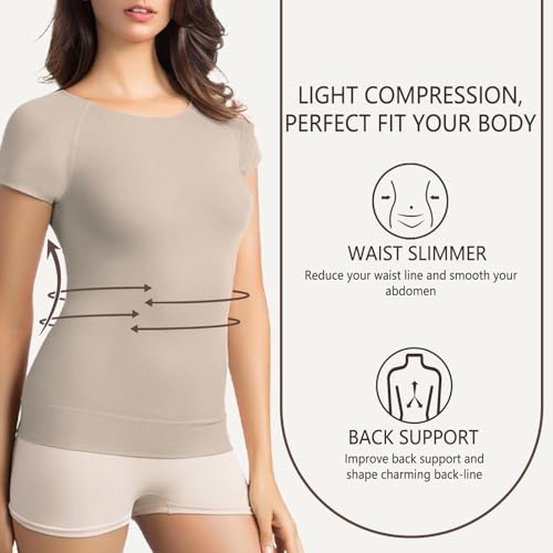 Image of +MD Women's Seamless Short Sleeve Undershirt, Light Compression Scoop Neck Tank Top, Tummy Control Basic Tee Camisole