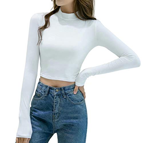 LONGBIDA Women's Long Sleeve Mock Neck Pure White Sexy Stretch Crop TOP T Shirt(White,XL)
