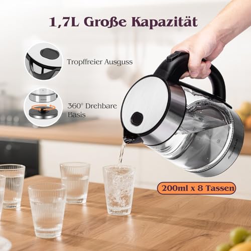 Aigostar Glas Edelstahl Wasserkocher mit LED-Beleuchtung, Kalkfilter – Ansicht 4