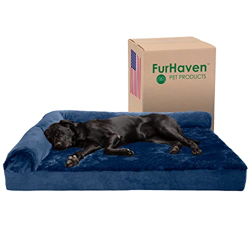 Image of Furhaven Cooling Gel Dog Bed for Large Dogs w / Removable Bolsters & Washable Cover, For Dogs Up to 125 lbs - Plush & Velvet L Shaped Chaise - Deep Sapphire, Jumbo Plus /XXL
