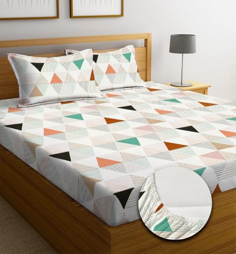 Image of NHD HOME Premium Cotton Feel Polycotton Elastic Fitted King Size Double Bedsheets with 2 Pillow Covers | All Around Elastic 210 TC Super Soft | Size - 72 King Size x 78+10 inches | White Rust