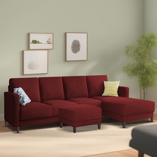Image of Baloney RHS 6 Seater L Shape Sofa Set with Center Table for Living Room (Maroon Fabric) Premium Fabric Sofa