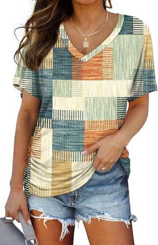 Image of WIHOLL Womens Summer T-Shirts Short Sleeve V Neck Dolman Tops with Side Shirring Loose Fit Shirts Spring Fashion