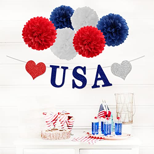 Image of Fourth-4th of July Imemorial-Day Party-Decorations - 8pcs Red White Blue Patriotic Banner Hanging USA Garland Streamers, Paper Tissue Pom Poms Flowers,America Independence Day Decor Lasting Surprise