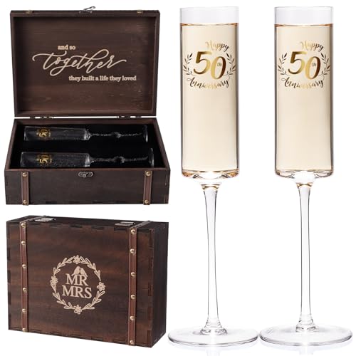Physkoa Happy 50th Anniversary Champagne Flutes Set –Elegant Golden Wedding Anniversary Present...