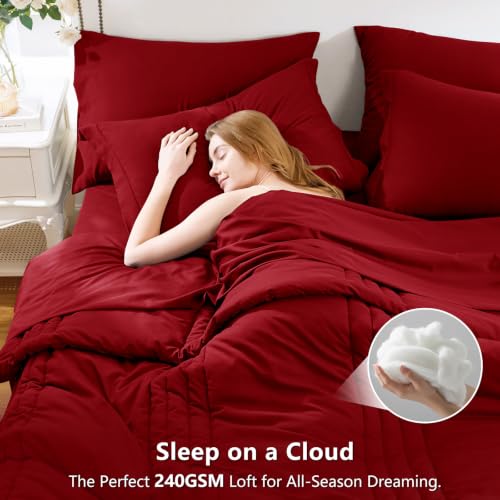 Image of CozyLux Full Size Comforter Sets Dark Red - 7 Pieces Bed in a Bag, Modern Vertical Quilted Room Decor, Soft All-Season Bedding Gift with Comforter, Sheets, Pillowcases & Shams