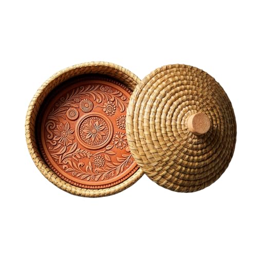 Usehp Round Bread Warming Basket With Lid And Terracotta Warmer Stone For Serving Tortillas Sourdough Muffins Baguette | Keeps Baked Goods Warm For 60+ Min | Rustic Baker's Gift & Housewarming Present