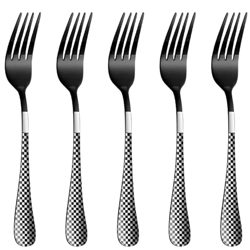 Image of 8.1 inch Charcoal Black Dinner Forks Set of 5 with Checks Printed Handle ? Durable Stainless Steel Silverware, Mirror Polished Forks, Perfect for Home, Restaurant, and Gifting