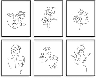 Whaline 6 Pack Minimalist Line Art Prints 8 x 10 Inch Abstract Single Line Wall Art Poster Waterproof Black White Female Face Flower Aesthetic Drawing Paintings for Bedroom Living Room College Dorm