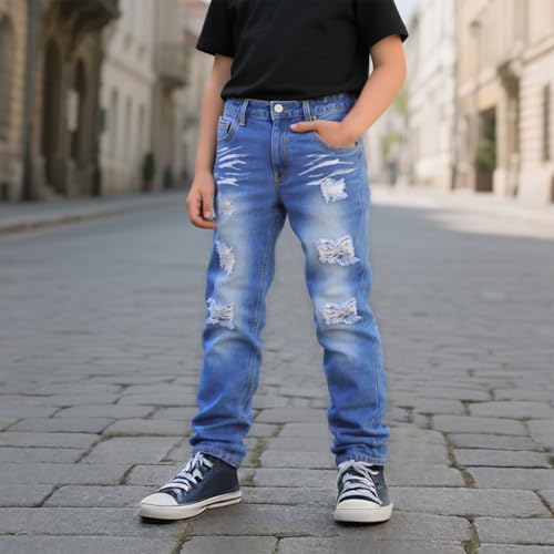 Boy's Skinny Fit Denim Pant Streetwear Retro Distressed Zipper Jeans with Pockets Hip Hop Clothes Comfy Stretch Trouser 5-14Y 6