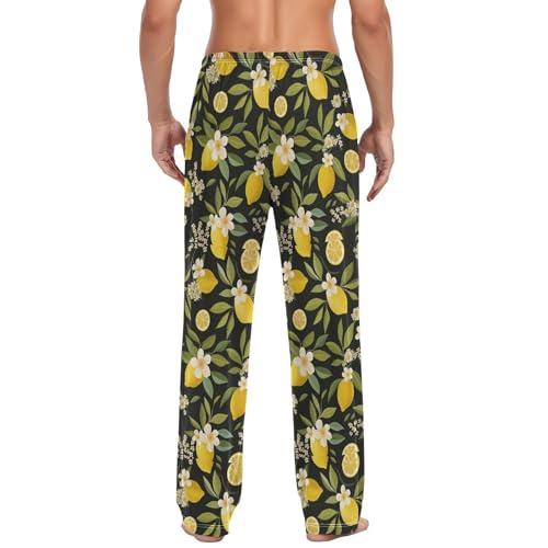 Men’s Lemon Flower Pajama Pants with Pockets, Comfortable Lounge Sleep Bottoms#9312