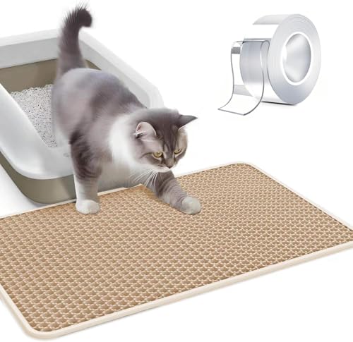 猫砂飛び散り防止トイレマット 猫トイレマット 猫砂取りマット 飛び散り防止マット 滑り止め 防水/防カビ/臭さ防止 掃除簡単 固定両面ゲルテープ付き (ベージュ, 60cm×45㎝)