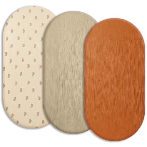 Image of SNOOZYNEST Soft Muslin Bassinet Sheets 32" x 18", Baby Bassinet Mattress Fitted Cover, Fit for Halo, Fisher Price, Delta, Graco, Oval Bassinet or Cradle, for Girl or Boy（Rainbow & Orange & Khaki）