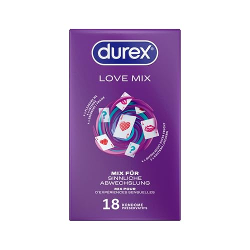 Durex Love Mix Kondome-Mischung – Vielseitige Mixpackung mit 5 verschiedenen Kondom-Sorten zum Ausprobieren – 18er Pack