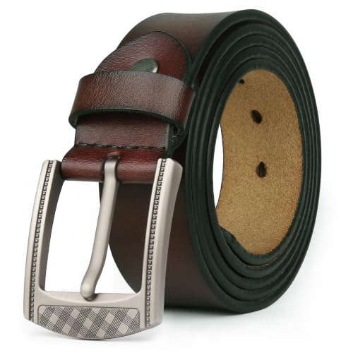 JingHao Mens Belt Big and Tall 30"-65",Genuine Leather Belts for Men,Casual Work Dress Jeans Belt,Black Brown Width 1.45" LA10 (XL 37"-39" Length 120cm, Coffee)