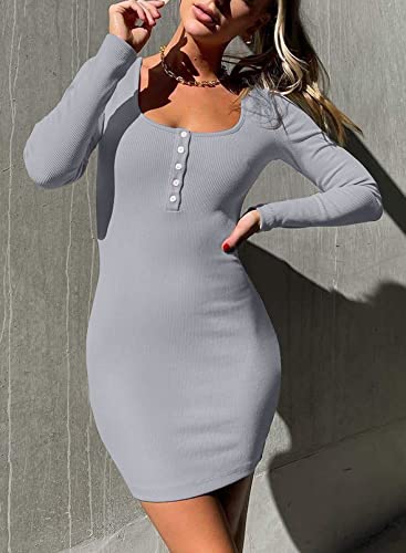 Samefar Womens Button Up Ribbed Dress Long Sleeve Scoop Neck Slim Fit Mini Bodycon Dresses Gray Large #TOP4
