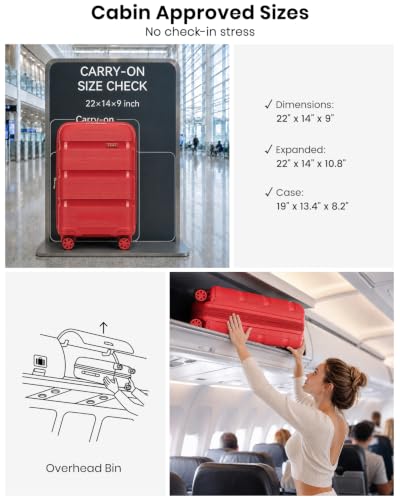 Image of Kono 20 Inch Expandable Carry on Luggage, Airline Approved Suitcase, Red