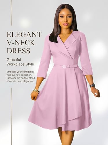 Image of Elainone Women 3 /4 Sleeve Casual Swing Flared A Line Dress Wedding Guest Semi Formal Office Work Dresses with Belt