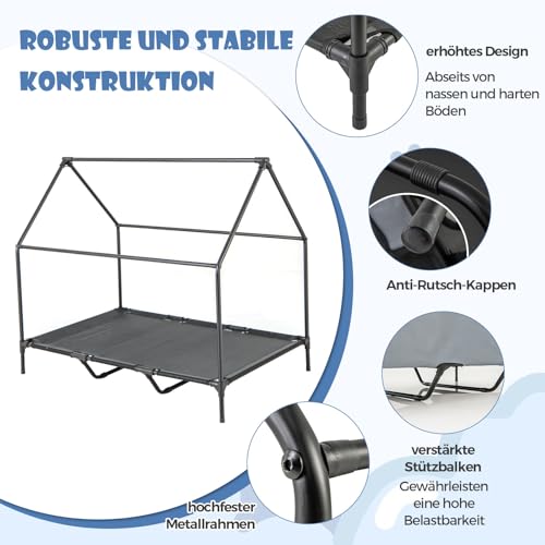 COSTWAY 2 in 1 Hundehütte & erhöhtes Hundebett, Hundeliege Outdoor, Haustierhaus mit atmungsaktivem Netzgewebe & Abnehmbarer Abdeckung, Hundehaus für große Hunde, Oxford, Grau (84 x 132 x 114 cm)