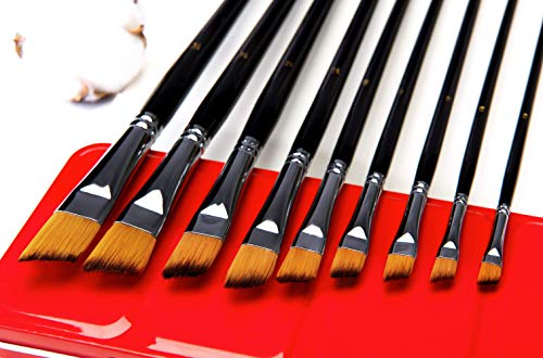 Pinsel Set Malen - 9 Stück Professionell Künstlerpinselset für Aquarell, Acryl, Ölgemälde, Gouache | Aquarell pinsel, pinselset acrylfarben | Schrägzieher Pinsel Set