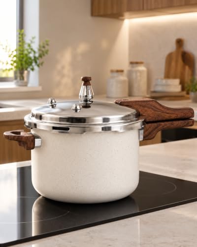 Panela de Pressão 4,2L Lecce Cerâmica Antiaderente Indução com Cabo Amadeirado, Tampa Inox e Sistema de Segurança