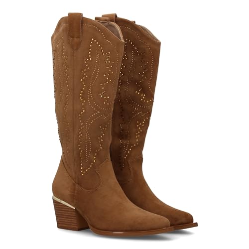 94636 Botas de Mujer con Diseno de Brillantes en la Cana, Tacon Cubano de 6cm. Estilo Cowboy con Cierre de Cremallera. Taupe Talla 40