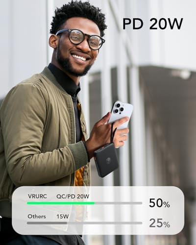 VRURC Portable Charger with Built-in Cables, 10000mAh 22.5W Fast Charging USB C Power Bank with LED Digital Display, Slim Battery Pack for iPhone 17/16/15 & Samsung Galaxy & Android Phones (Black) - 2