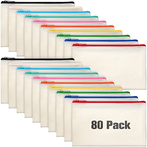 Image of Reginary 80 Pack Canvas Zipper Makeup Bags Bulk Pencil Pouches Blank DIY Craft Canvas Cosmetic Bag Pouch with Zipper for Makeup Cosmetic Toiletry Stationary Storage(Natural and Colorful Zippers)