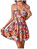 Floerns Women's Floral Print Criss Cross Cami Dress Tie Back Flared Mini Dresses Red Multi Small
