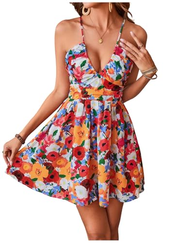Floerns Women's Floral Print Criss Cross Cami Dress Tie Back Flared Mini Dresses Red Multi Small