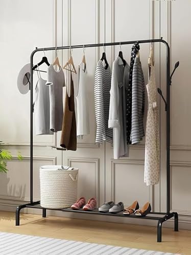 Lukzer | Freestanding Metal Cloth Stand with Bottom Storage Shelf & Coat Hanger | Heavy-Duty Garment Rack for Bedroom, Laundry, Entryway & More | Blac