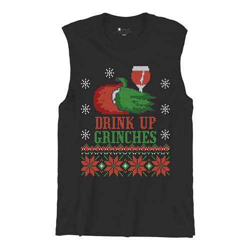 Tee Hunt Drink Up Grinches Muscle Shirt Ugly Sweater Christmas Party Drinking Men's, Preto, P